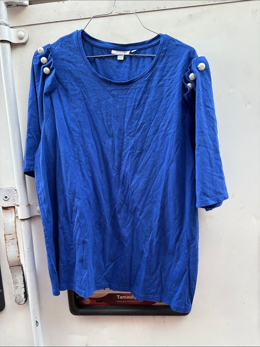 Chico's Cobalt Blue Pearl-Trim Short Sleeve Tee
